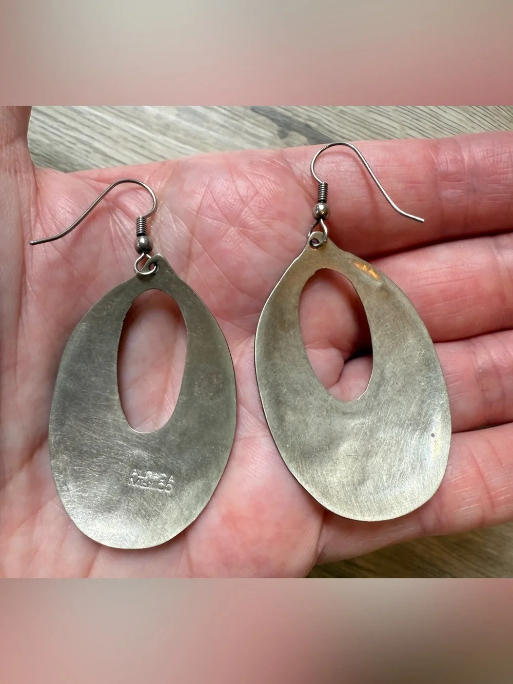 Vintage Alpaca Mexico Geometric Turquoise Black French Hook Earrings Silver 2.5”